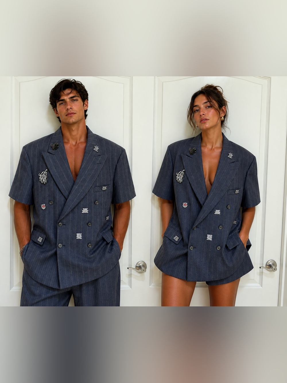 Upcycled vulgar unisex Double-Breasted blue Pinstripe Blazer size XL/1X